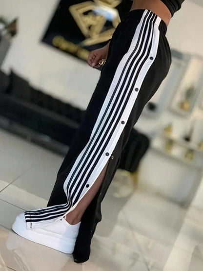 White And Navy Blue Striped Wide Leg Pants, White Stripes, Button Front- Casual Sweatpants, Loose Fit, Suitable For Sports & Everyday Wear (Machine Washable)- Non-Elastic Leg Openings Black Spring