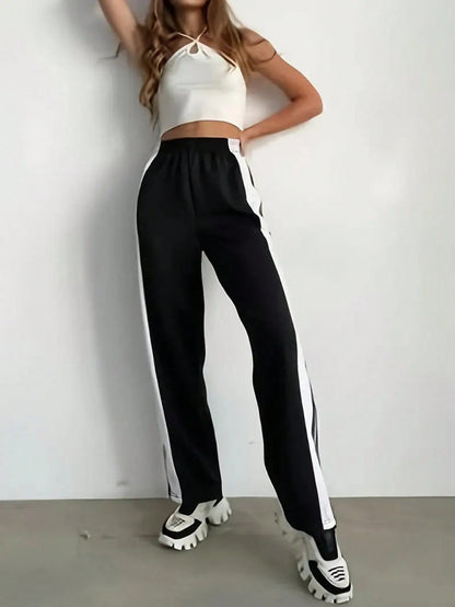 White And Navy Blue Striped Wide Leg Pants, White Stripes, Button Front- Casual Sweatpants, Loose Fit, Suitable For Sports & Everyday Wear (Machine Washable)- Non-Elastic Leg Openings Black Spring