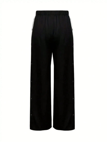 White And Navy Blue Striped Wide Leg Pants, White Stripes, Button Front- Casual Sweatpants, Loose Fit, Suitable For Sports & Everyday Wear (Machine Washable)- Non-Elastic Leg Openings Black Spring