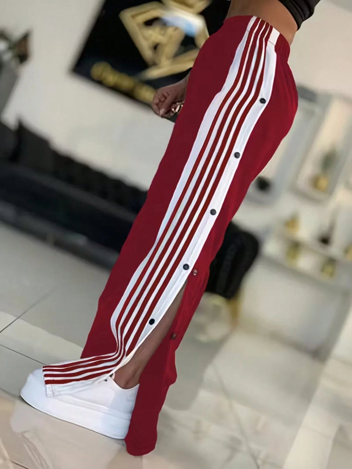 White And Navy Blue Striped Wide Leg Pants, White Stripes, Button Front- Casual Sweatpants, Loose Fit, Suitable For Sports & Everyday Wear (Machine Washable)- Non-Elastic Leg Openings Black Spring
