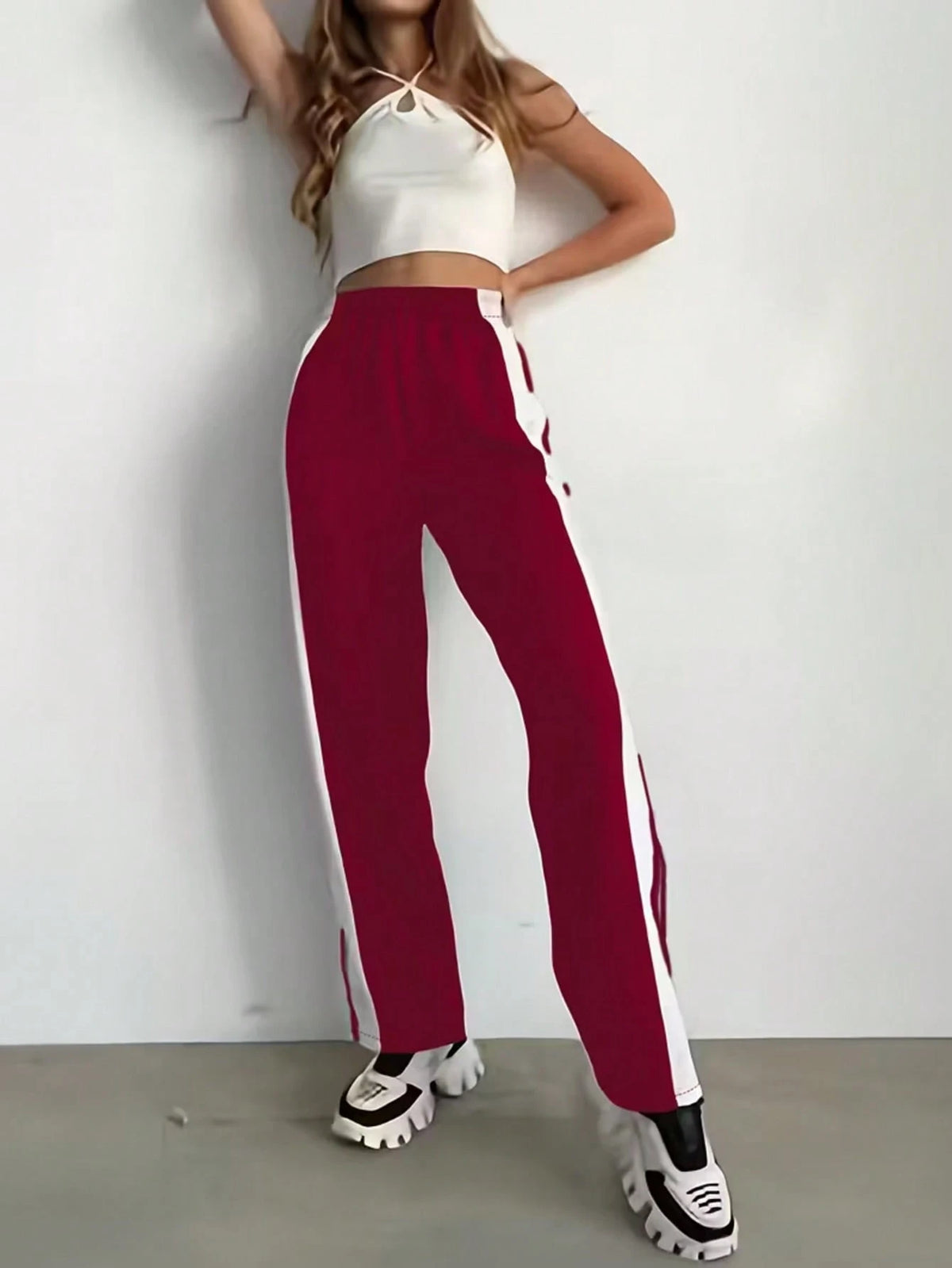 White And Navy Blue Striped Wide Leg Pants, White Stripes, Button Front- Casual Sweatpants, Loose Fit, Suitable For Sports & Everyday Wear (Machine Washable)- Non-Elastic Leg Openings Black Spring