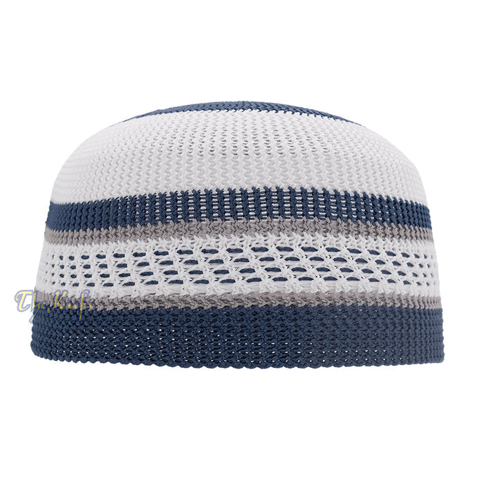 White and Navy Blue with Gray Stripes & Dotted Lines Nylon Stretchy Textured Kufi Hat Skullcap