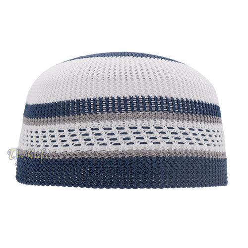 White and Navy Blue with Gray Stripes & Dotted Lines Nylon Stretchy Textured Kufi Hat Skullcap