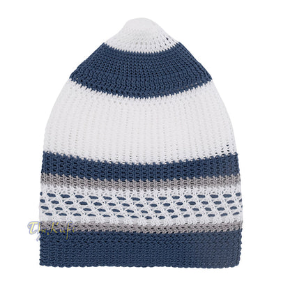 White and Navy Blue with Gray Stripes & Dotted Lines Nylon Stretchy Textured Kufi Hat Skullcap