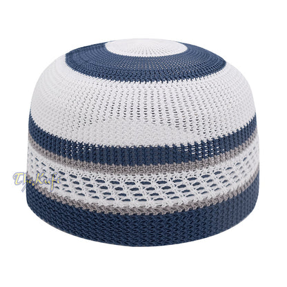 White and Navy Blue with Gray Stripes & Dotted Lines Nylon Stretchy Textured Kufi Hat Skullcap