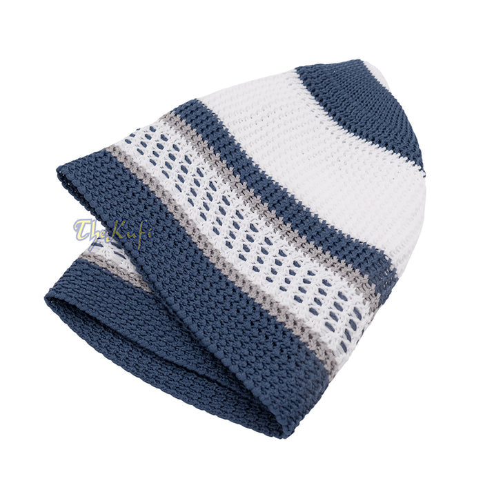 White and Navy Blue with Gray Stripes & Dotted Lines Nylon Stretchy Textured Kufi Hat Skullcap