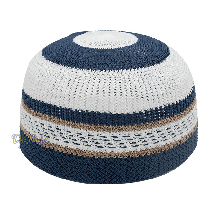 White and Navy Blue with Light Brown Stripes & Dotted Lines Nylon Stretchy Textured Kufi Hat Skullcap