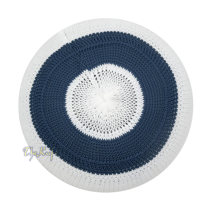 White and Navy Blue with Light Brown Stripes & Dotted Lines Nylon Stretchy Textured Kufi Hat Skullcap