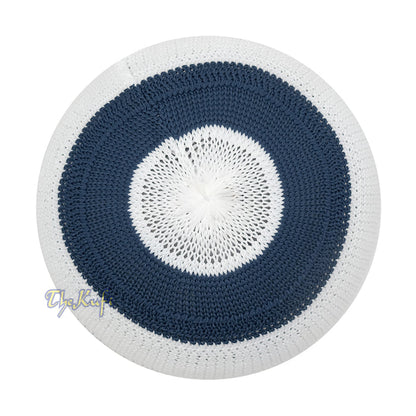 White and Navy Blue with Light Brown Stripes & Dotted Lines Nylon Stretchy Textured Kufi Hat Skullcap