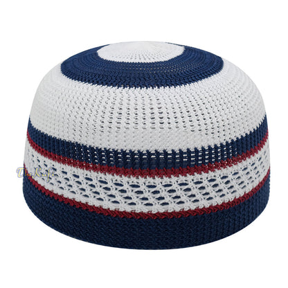 White and Navy Blue with Maroon Stripes & Dotted Lines Nylon Stretchy Textured Kufi Hat Skullcap