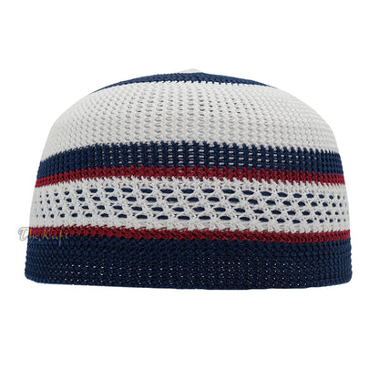White and Navy Blue with Maroon Stripes & Dotted Lines Nylon Stretchy Textured Kufi Hat Skullcap