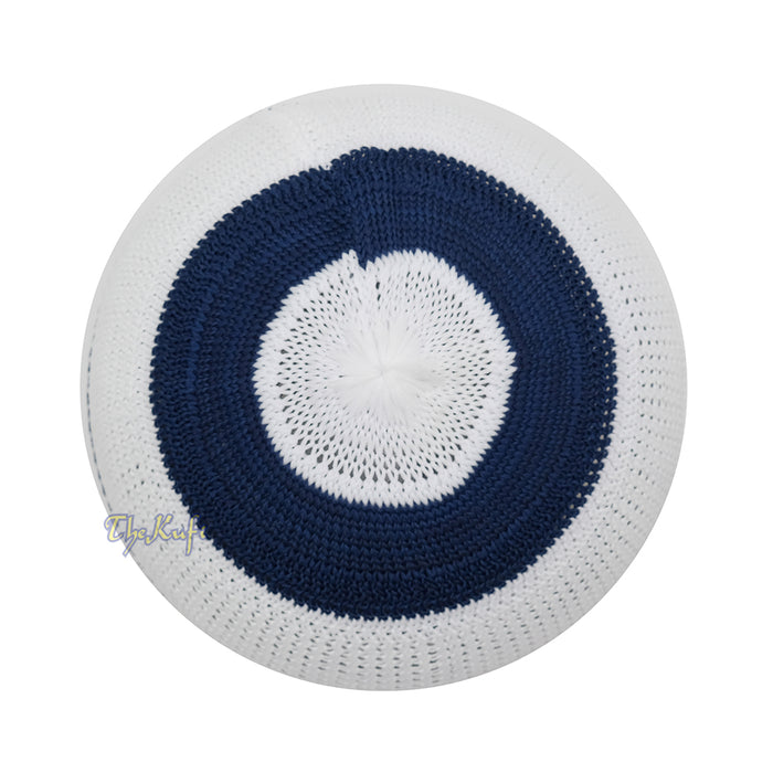 White and Navy Blue with Maroon Stripes & Dotted Lines Nylon Stretchy Textured Kufi Hat Skullcap