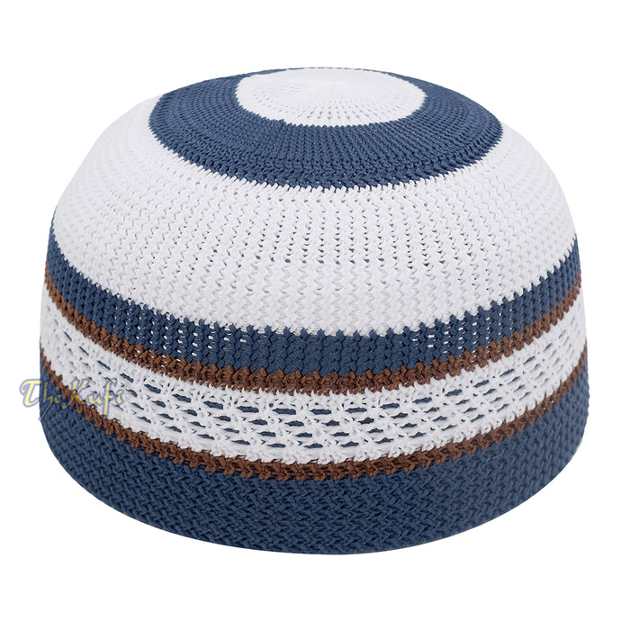 White and Navy Blue with Rust Brown Stripes & Dotted Lines Nylon Stretchy Textured Kufi Hat Skullcap