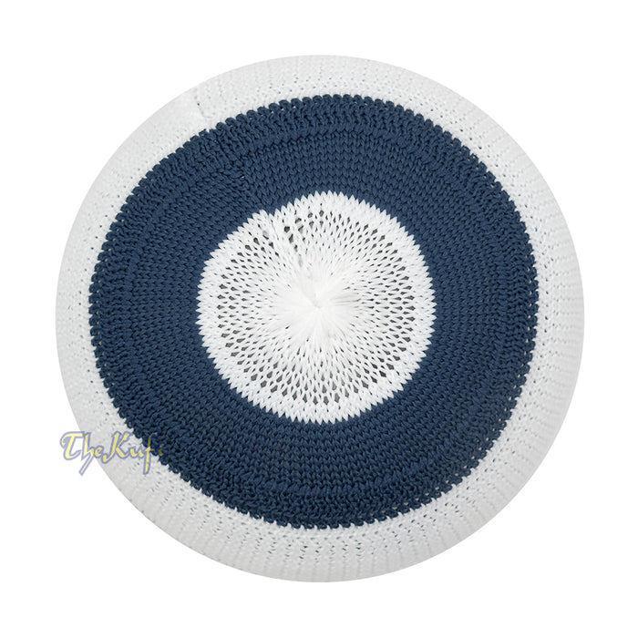White and Navy Blue with Rust Brown Stripes & Dotted Lines Nylon Stretchy Textured Kufi Hat Skullcap