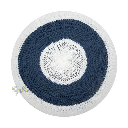 White and Navy Blue with Rust Brown Stripes & Dotted Lines Nylon Stretchy Textured Kufi Hat Skullcap