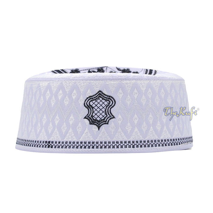 White & Black Assagofah Embroidered Sandal Diamond Design Creased-Top Oval Nalain Rigid Kufi Hat