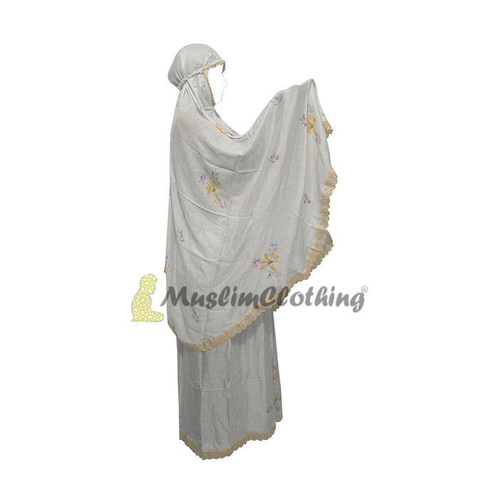 White Embroidered Lace Trim Abaya Mukena Hijab Islamic Women's Prayer Garment