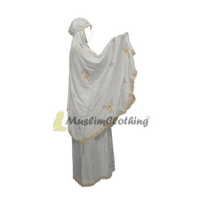 White Embroidered Lace Trim Abaya Mukena Hijab Islamic Women's Prayer Garment