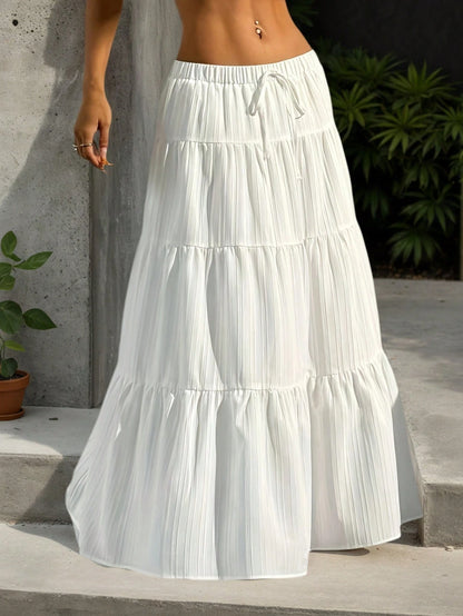 White High-Waist Ruffle Cake Skirt For Women- A-Line Swing Tie Ruffled Layered, Drape Fairy Style Daily Vacation Versatile Long Skir