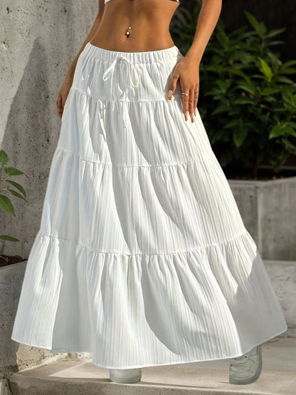 White High-Waist Ruffle Cake Skirt For Women- A-Line Swing Tie Ruffled Layered, Drape Fairy Style Daily Vacation Versatile Long Skir
