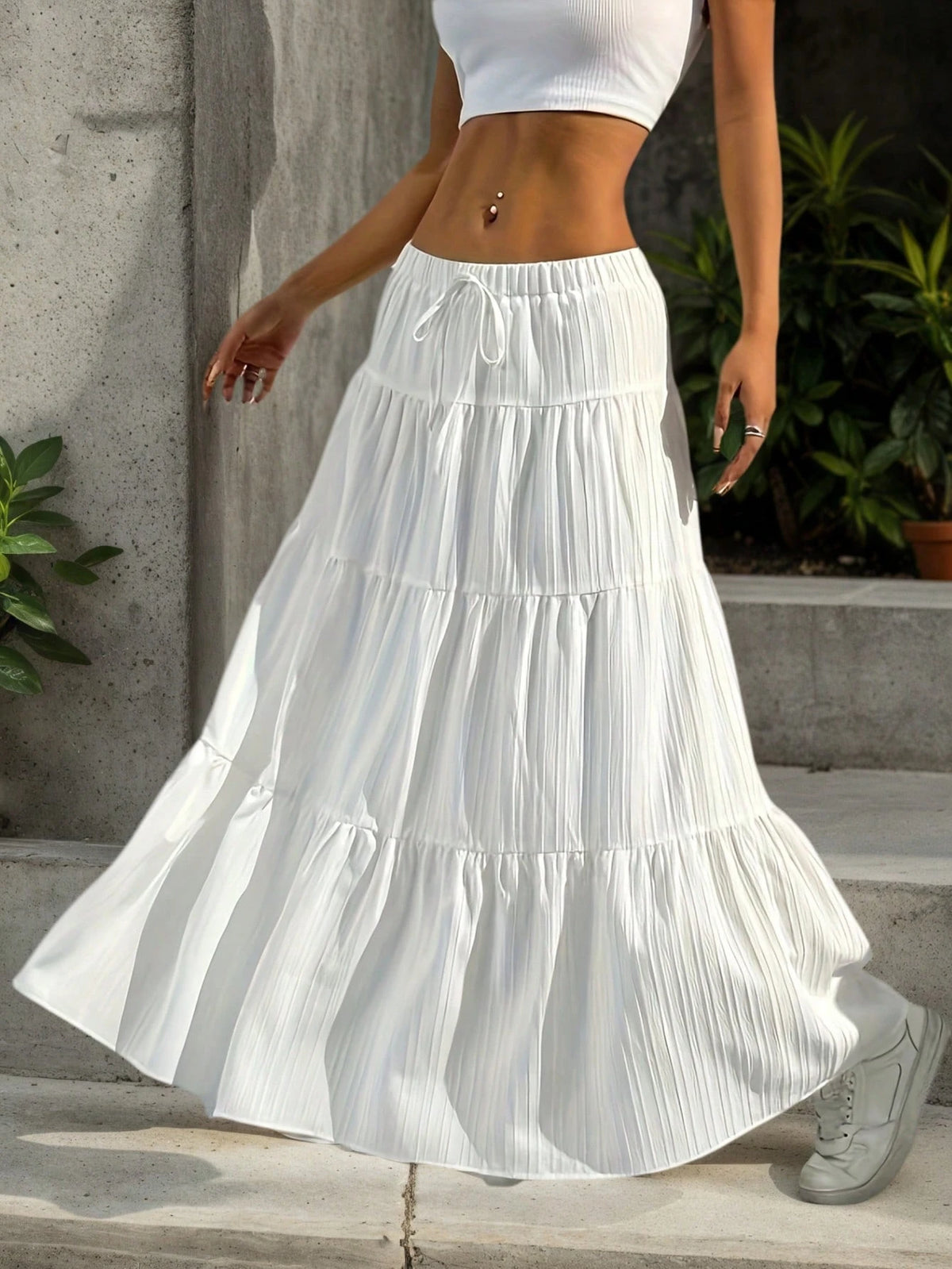 White High-Waist Ruffle Cake Skirt For Women- A-Line Swing Tie Ruffled Layered, Drape Fairy Style Daily Vacation Versatile Long Skir