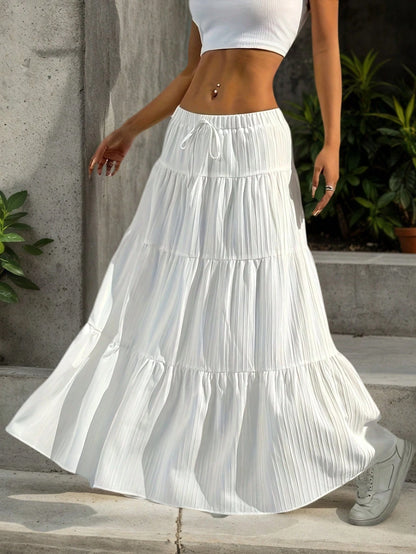 White High-Waist Ruffle Cake Skirt For Women- A-Line Swing Tie Ruffled Layered, Drape Fairy Style Daily Vacation Versatile Long Skir