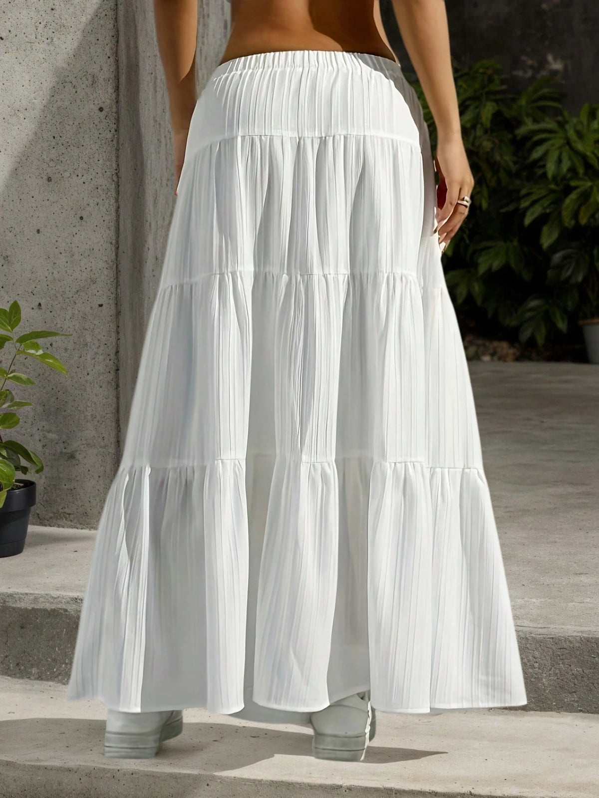 White High-Waist Ruffle Cake Skirt For Women- A-Line Swing Tie Ruffled Layered, Drape Fairy Style Daily Vacation Versatile Long Skir