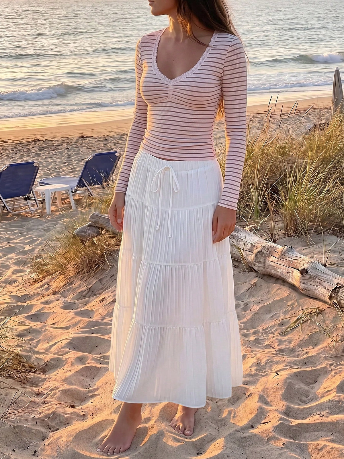 White High-Waist Ruffle Cake Skirt For Women- A-Line Swing Tie Ruffled Layered, Drape Fairy Style Daily Vacation Versatile Long Skir