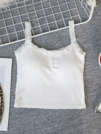 White Lace Camisole Tank Top, Women's Summer Tube Top Knit Undershirt, Sleeveless Casual Wear
