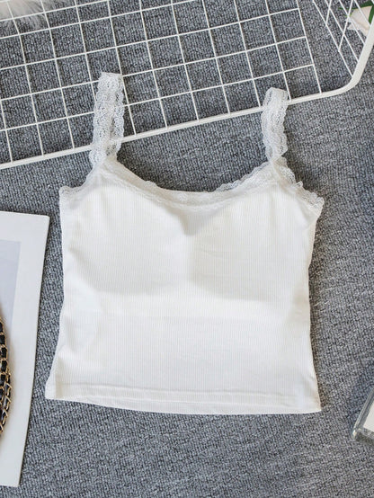 White Lace Camisole Tank Top, Women's Summer Tube Top Knit Undershirt, Sleeveless Casual Wear