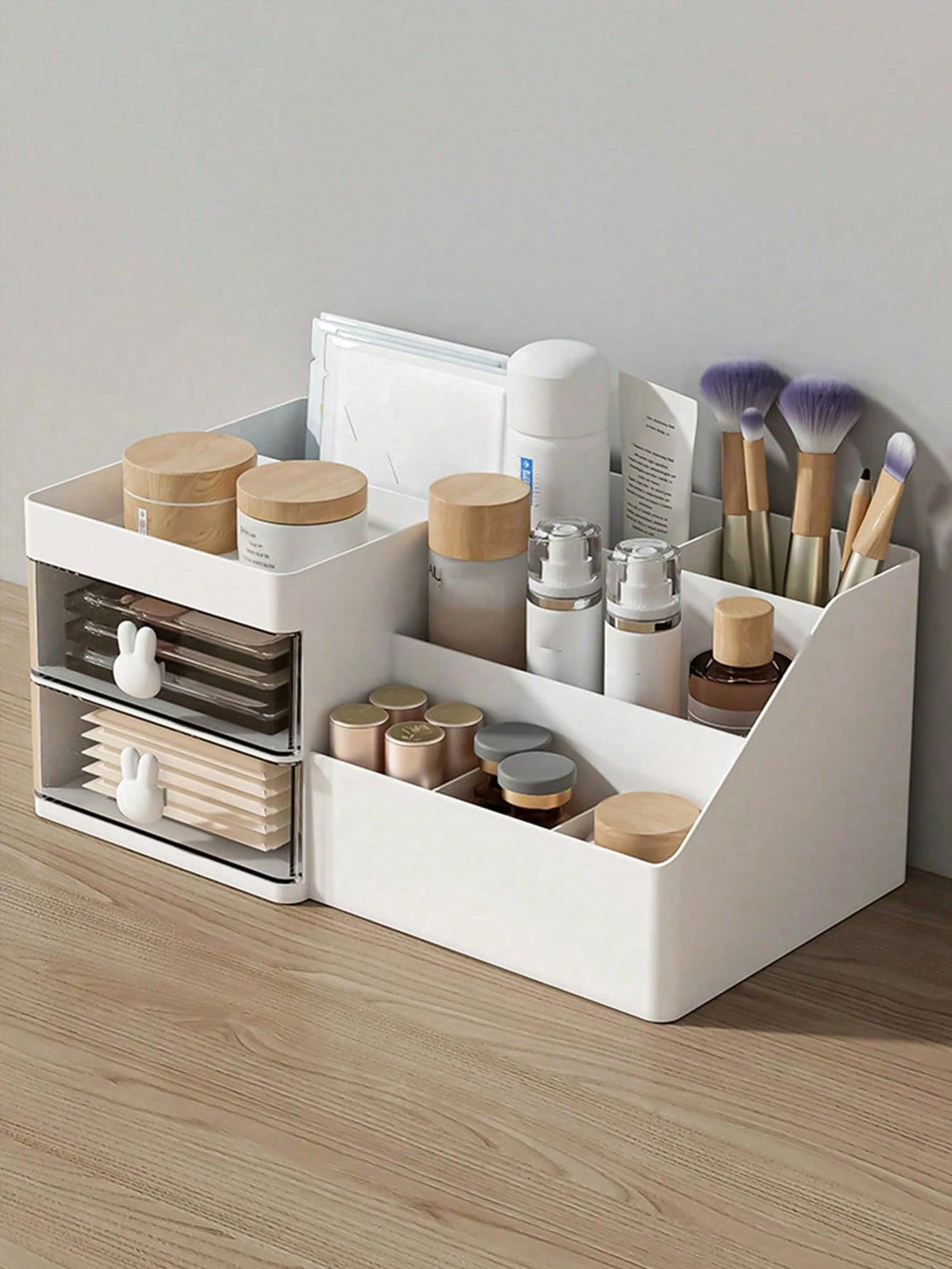 White Makeup Organizer With 2 Clear Drawers, Multi-Compartment Desktop Jewelry Perfume Organizer Cosmetic Storage Box For Vanity Bathroom Decor Home Decor Room Decor Dorm Room Essentials College