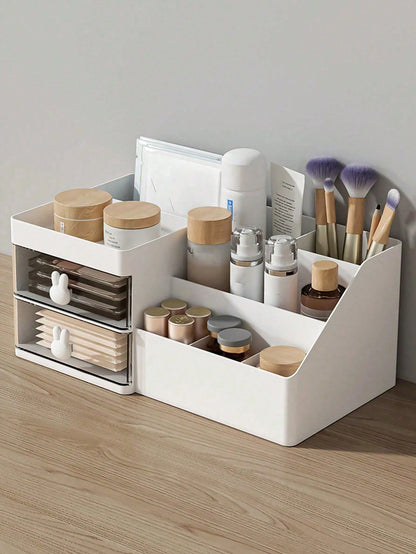 White Makeup Organizer With 2 Clear Drawers, Multi-Compartment Desktop Jewelry Perfume Organizer Cosmetic Storage Box For Vanity Bathroom Decor Home Decor Room Decor Dorm Room Essentials College