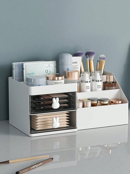 White Makeup Organizer With 2 Clear Drawers, Multi-Compartment Desktop Jewelry Perfume Organizer Cosmetic Storage Box For Vanity Bathroom Decor Home Decor Room Decor Dorm Room Essentials College