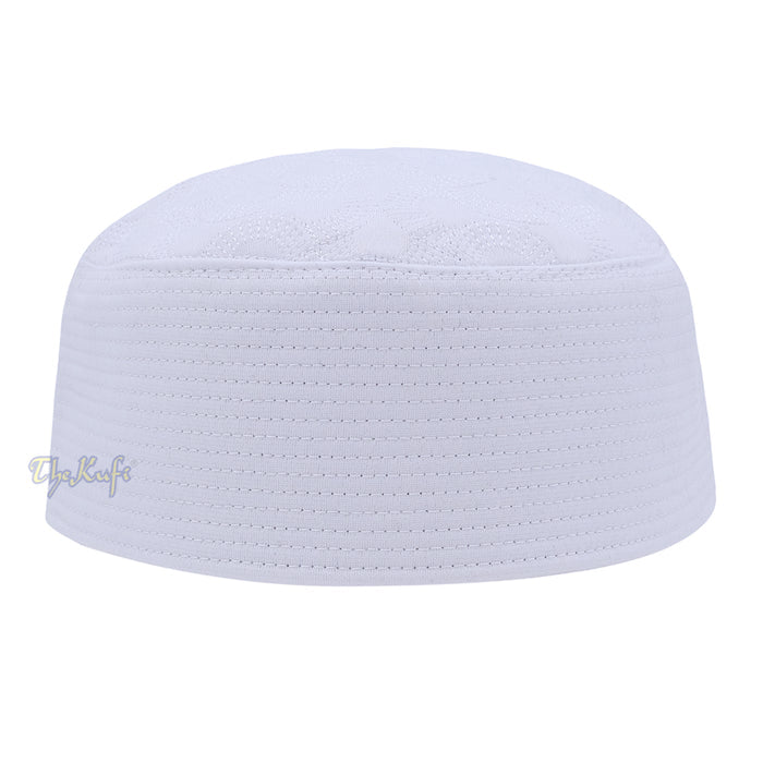 White Semicircle Motif Top - Malawi African Muslim Kufi Hat - Islamic Semi-Stiff Stitched Wall Prayer Cap