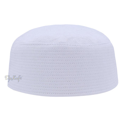 White Semicircle Motif Top - Malawi African Muslim Kufi Hat - Islamic Semi-Stiff Stitched Wall Prayer Cap