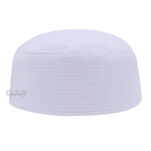 White Semicircle Motif Top - Malawi African Muslim Kufi Hat - Islamic Semi-Stiff Stitched Wall Prayer Cap