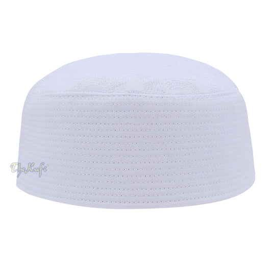 White Semicircle Motif Top - Malawi African Muslim Kufi Hat - Islamic Semi-Stiff Stitched Wall Prayer Cap