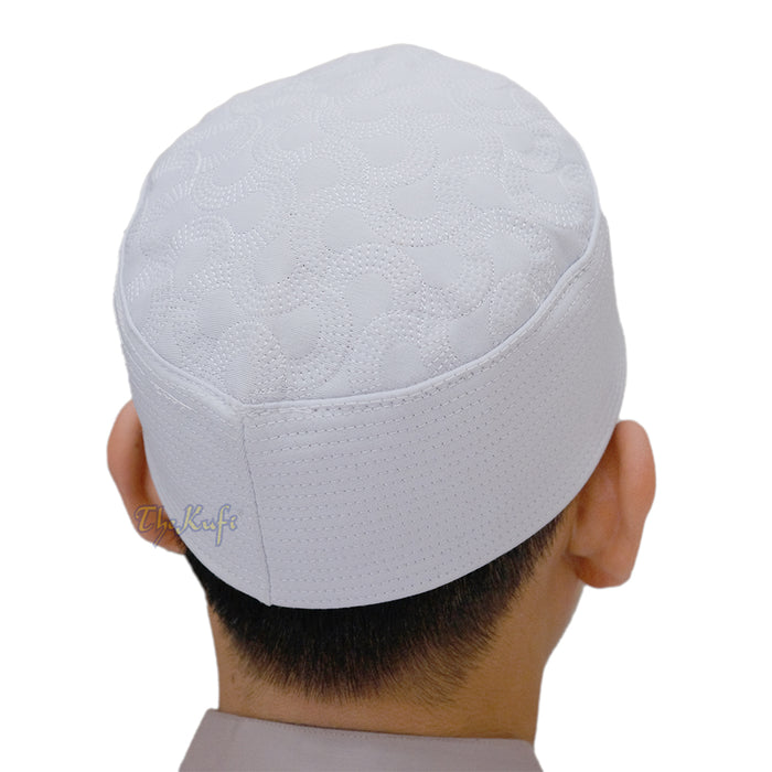 White Semicircle Motif Top - Malawi African Muslim Kufi Hat - Islamic Semi-Stiff Stitched Wall Prayer Cap
