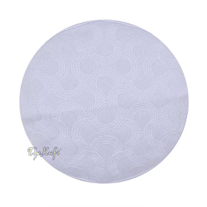 White Semicircle Motif Top - Malawi African Muslim Kufi Hat - Islamic Semi-Stiff Stitched Wall Prayer Cap