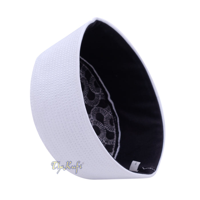 White Semicircle Motif Top - Malawi African Muslim Kufi Hat - Islamic Semi-Stiff Stitched Wall Prayer Cap