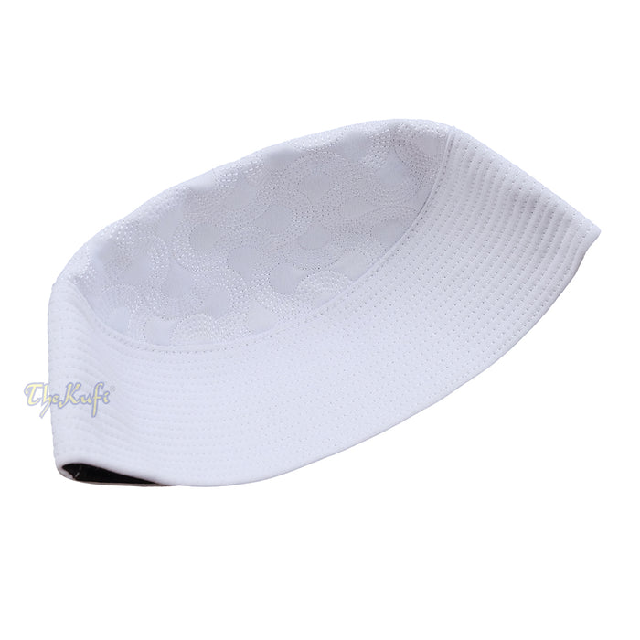 White Semicircle Motif Top - Malawi African Muslim Kufi Hat - Islamic Semi-Stiff Stitched Wall Prayer Cap