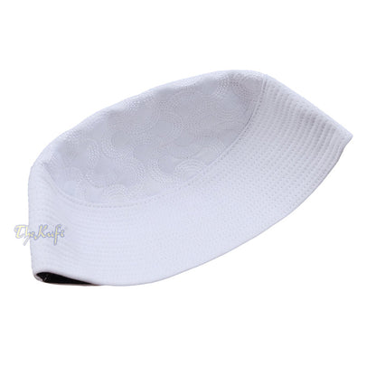 White Semicircle Motif Top - Malawi African Muslim Kufi Hat - Islamic Semi-Stiff Stitched Wall Prayer Cap