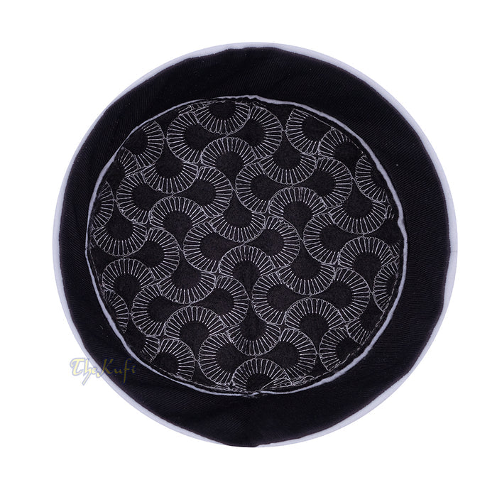 White Semicircle Motif Top - Malawi African Muslim Kufi Hat - Islamic Semi-Stiff Stitched Wall Prayer Cap