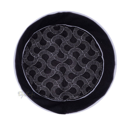 White Semicircle Motif Top - Malawi African Muslim Kufi Hat - Islamic Semi-Stiff Stitched Wall Prayer Cap
