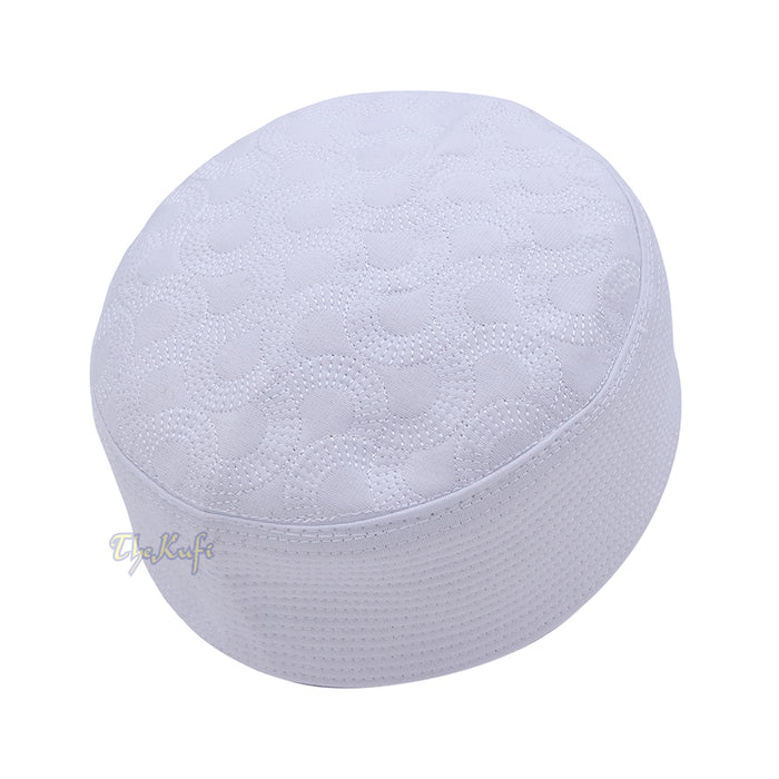 White Semicircle Motif Top - Malawi African Muslim Kufi Hat - Islamic Semi-Stiff Stitched Wall Prayer Cap