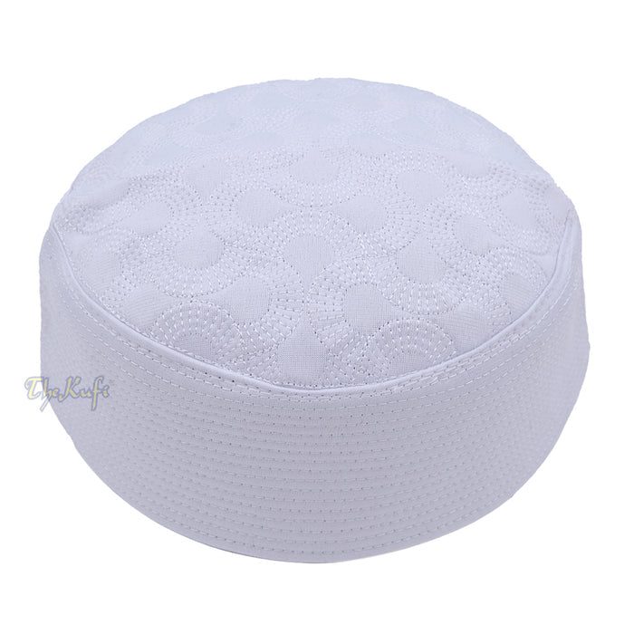 White Semicircle Motif Top - Malawi African Muslim Kufi Hat - Islamic Semi-Stiff Stitched Wall Prayer Cap