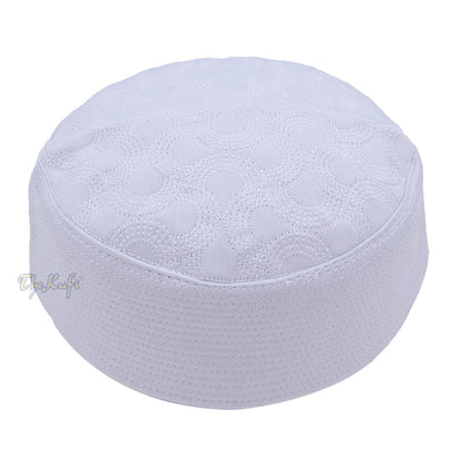 White Semicircle Motif Top - Malawi African Muslim Kufi Hat - Islamic Semi-Stiff Stitched Wall Prayer Cap