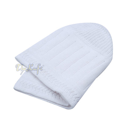 White Vertical Lined Cotton Stretch-Knit Kufi Hat Skull Cap