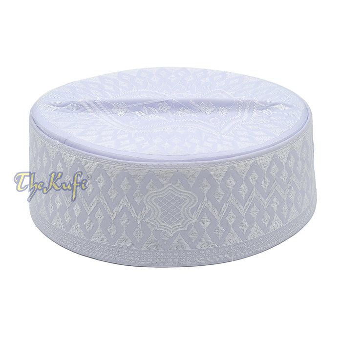 White & White Assagofah Embroidered Sandal Diamond Design Creased-Top Oval Nalain Rigid Kufi Hat