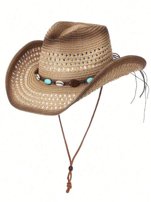Wide Brim Printed Cowboy Straw Hat With Beaded Trim Hollow Out Breathable Hand Woven Sun Beach Hat